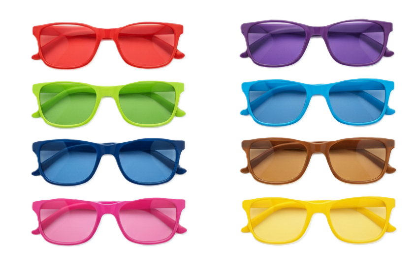 Varying colored glasses representing different perceptions